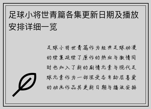 足球小将世青篇各集更新日期及播放安排详细一览